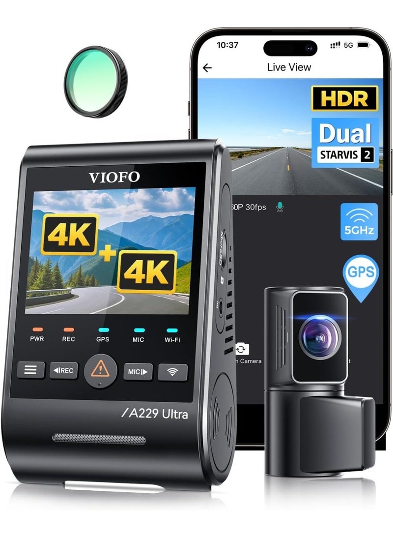 Viofo A229 Ultra 2CH Dash Camera for Car 4K with GPS – Front & Rear Dash Cam, Sony STARVIS 2, Wi-Fi, Parking Mode Car Dash Camera - Image 1